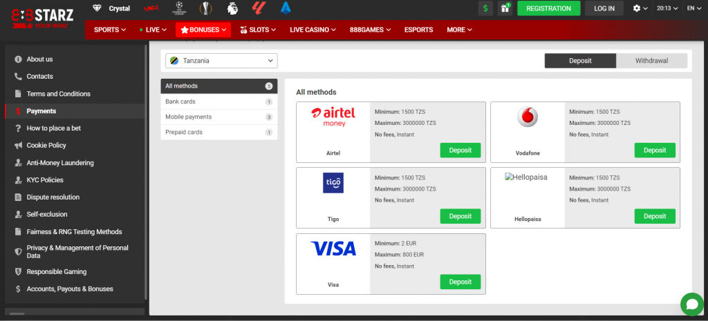 888starz Tanzania Deposit method